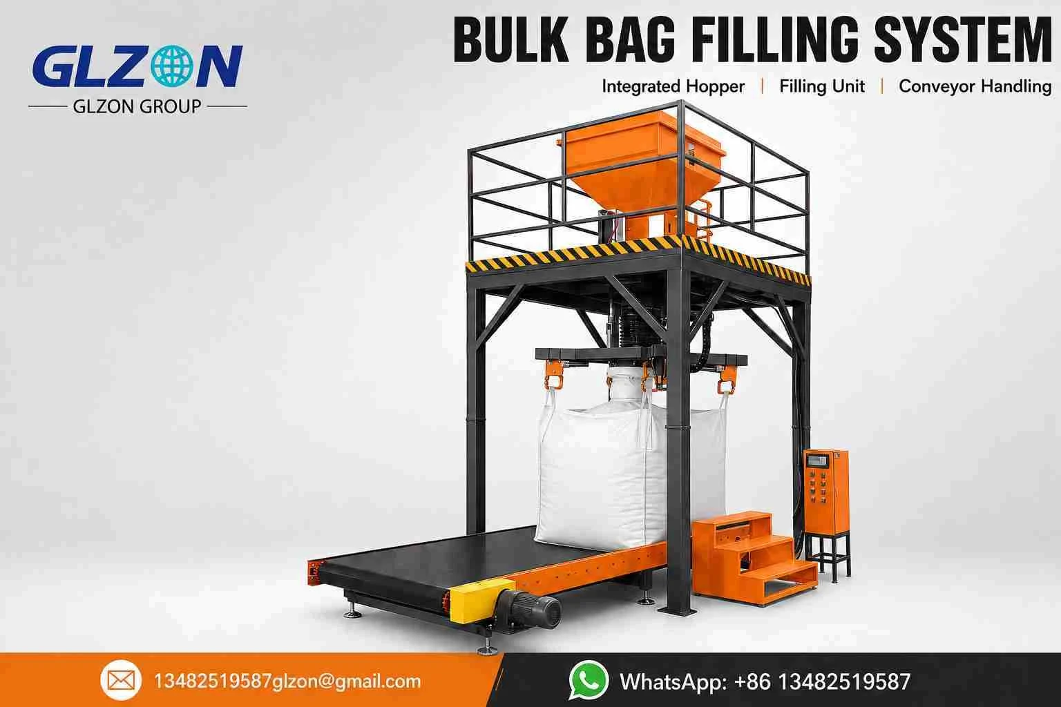 GLZON orange and black bulk bag filling system holding a white one-ton FIBC bag