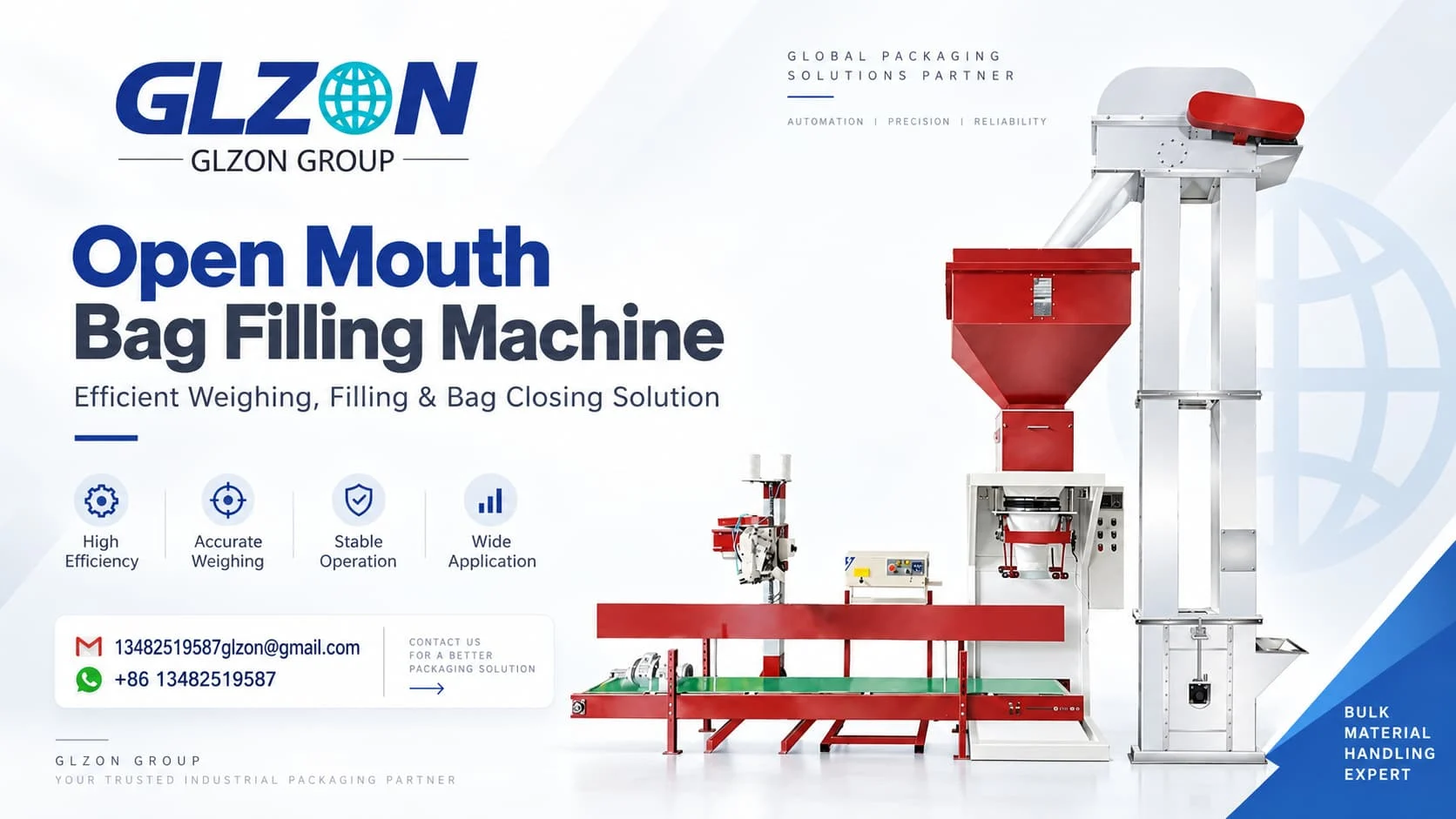 Open mouth bag filling machine with weighing conveyor and bag closing system