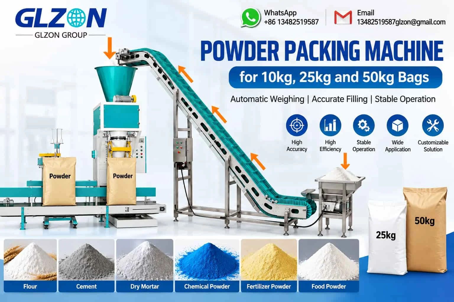 Powder packing machine for 10kg, 25kg and 50kg bags