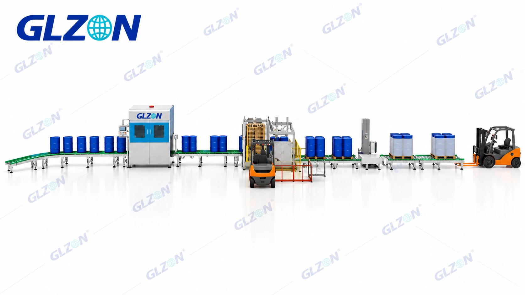 200L robotic drum filling line with machine vision, automatic lid opening, filling and palletizing