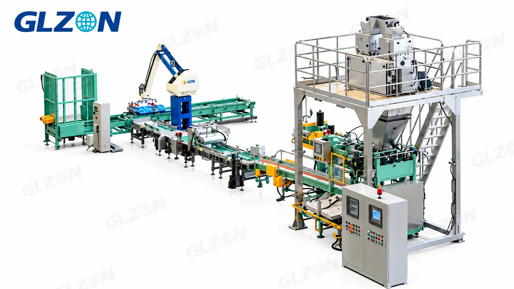 automatic bagging and palletizing line for powder and granule packaging