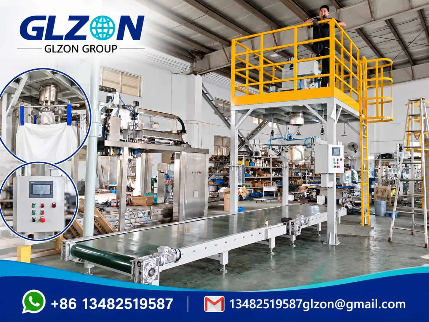 GLZON bulk bag filling machine with industrial conveyor and elevated filling platform