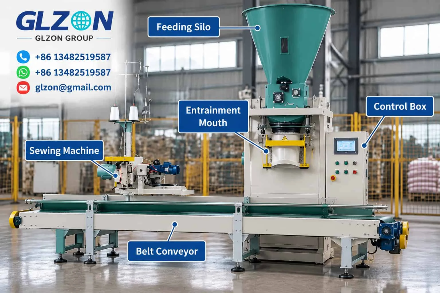 Open mouth bag filling machine with feeding silo, control box, sewing machine and belt conveyor for industrial bag packaging