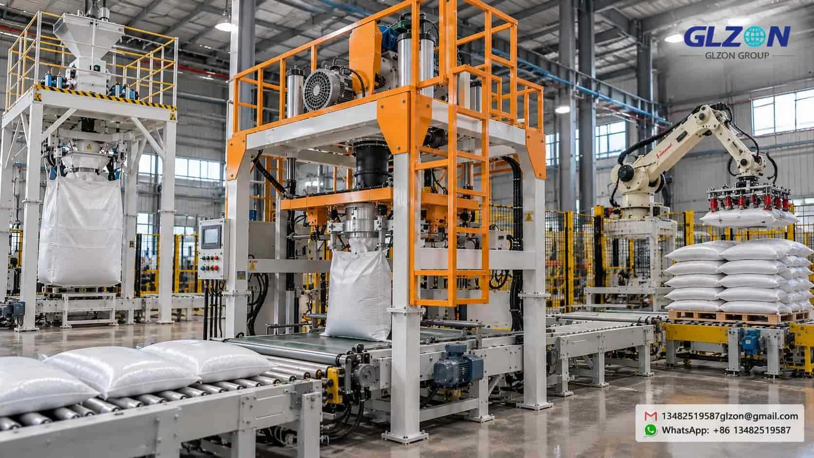 Automatic sandbag filling equipment with weighing system, conveyor and bagging line for sand, cement and granular materials